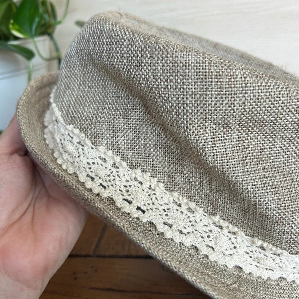 Altard State Tan Burlap Fedora Hat with White Crochet Lace Trim Boho Style‎